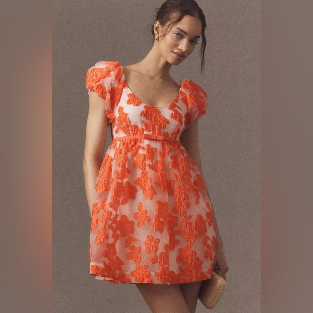 NWT! By Anthropologie Puff-Sleeve Scoop-Neck Babydoll Mini Dress  🏆🖼️
